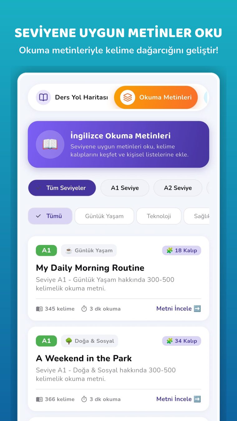 Seviyeye uygun İngilizce okuma metinleri