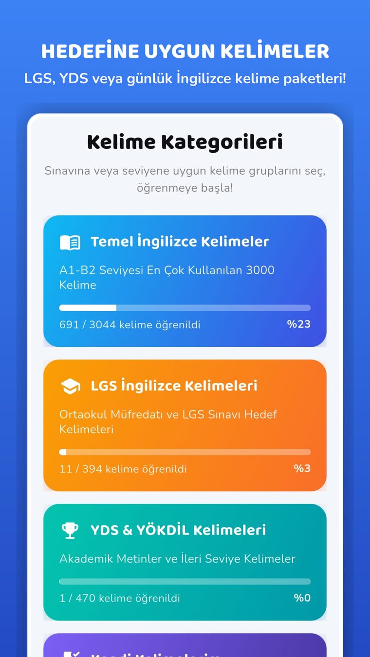 Temel, LGS ve YDS kelime kategorileri