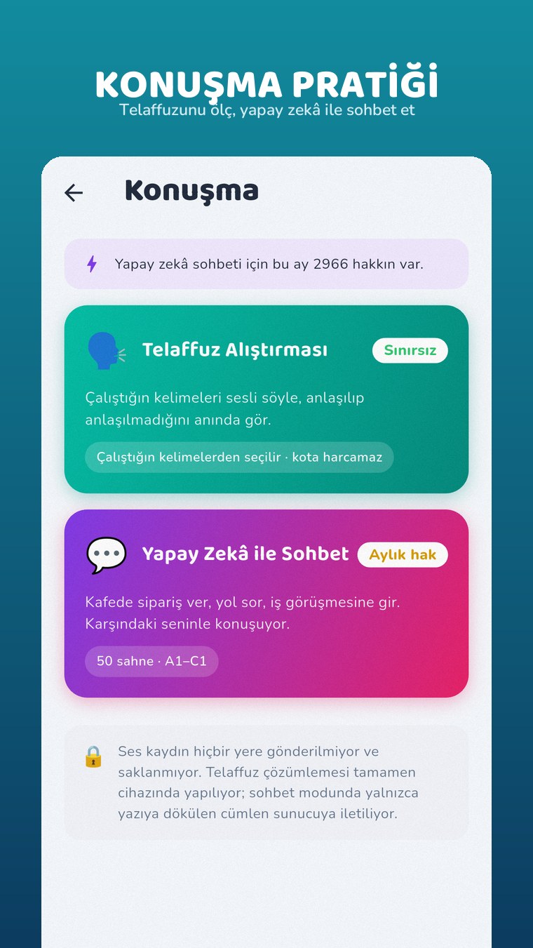 Konuşma pratiği: telaffuz ölçümü ve yapay zekâ ile sohbet